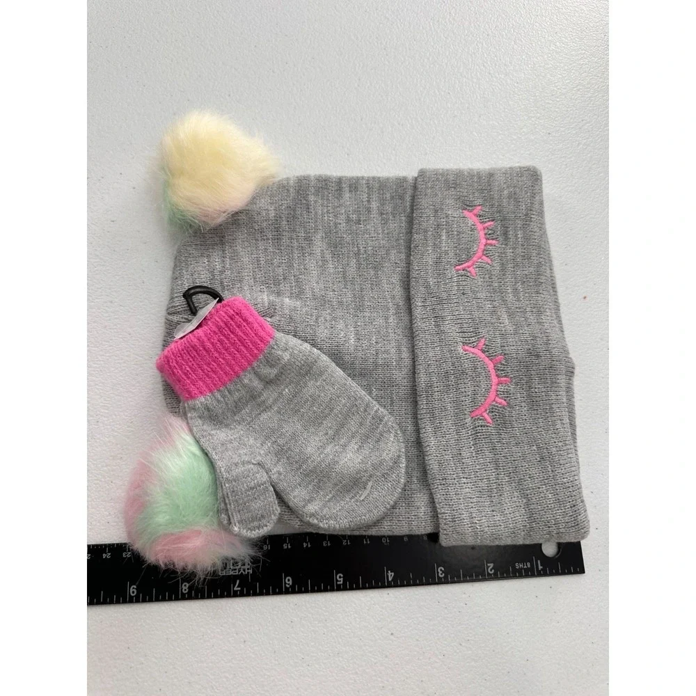 Cute Gray Knit Beanie & Mittens Set With Multicolor Pom Poms Girls Winter‎ Hat